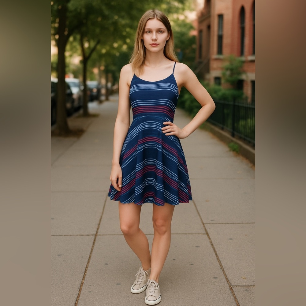 Old Navy Navy and Red Striped Spaghetti Strap Dress